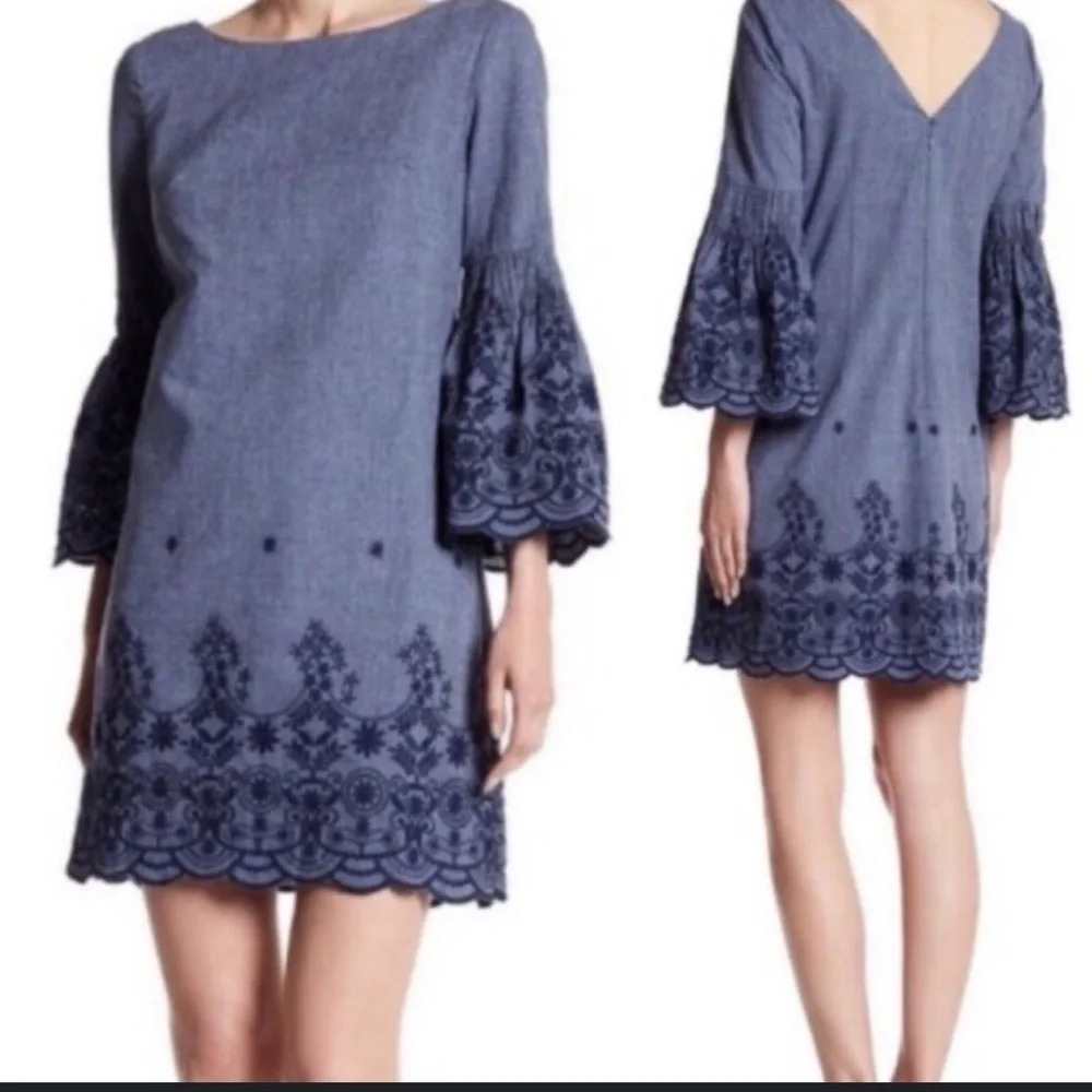 Eliza J Embroidered Chambray Bell Sleeve Shift Dress Size 4